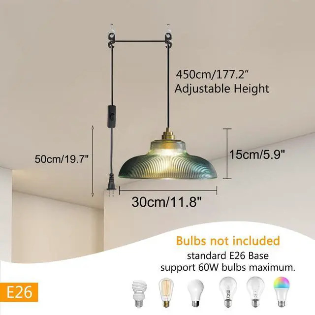Alt view image 2 of 7 - Green Pendant Light Vintage Hanging lamp Plug in with 14.7 ft Cord On/Off Switch Dome Glass Shade Mid Century Plug in Pendant Lights for Farmhouse Kitchen Hallway Living Dining Room