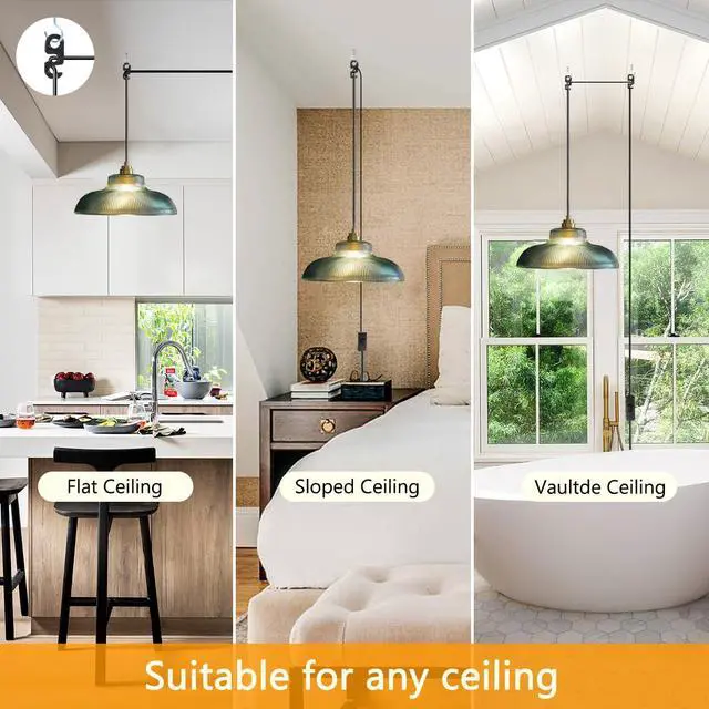 Alt view image 4 of 7 - Green Pendant Light Vintage Hanging lamp Plug in with 14.7 ft Cord On/Off Switch Dome Glass Shade Mid Century Plug in Pendant Lights for Farmhouse Kitchen Hallway Living Dining Room