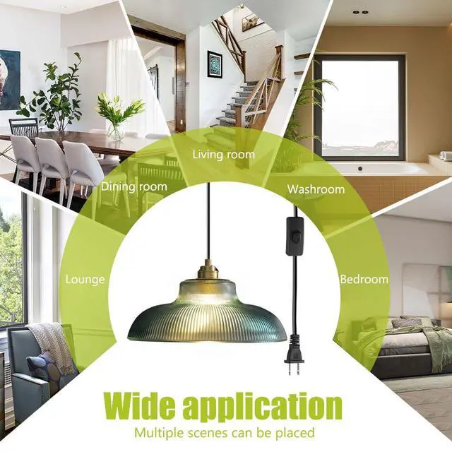 Alt view image 6 of 7 - Green Pendant Light Vintage Hanging lamp Plug in with 14.7 ft Cord On/Off Switch Dome Glass Shade Mid Century Plug in Pendant Lights for Farmhouse Kitchen Hallway Living Dining Room