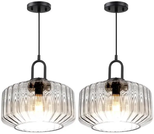 Main image of Large Glass Pendant Lights Kitchen Island Vintage Hanging Light | 11Inch Clear Striped Blown Shade Mid Century Modern Hanging Ceiling Lights with Black Finish Adjustable Cord for Dining Room