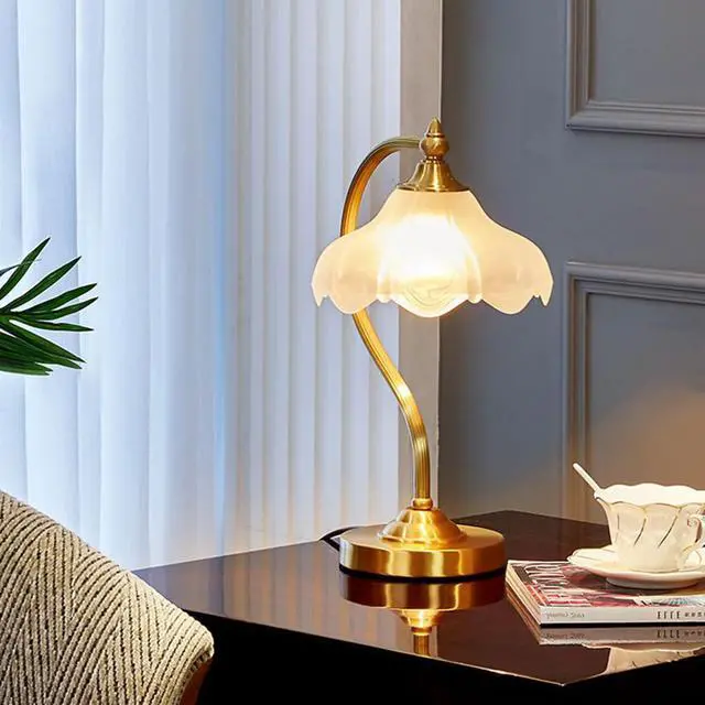 Alt view image 3 of 7 - Brass Table Lamp Mid Century Modern Table Lamps Gold Desk Lamp with Flowers Glass Shade Glass Nightstand Lamp Rustic Table Lamp for Farmhouse End Table Bedside Bedroom Living Room