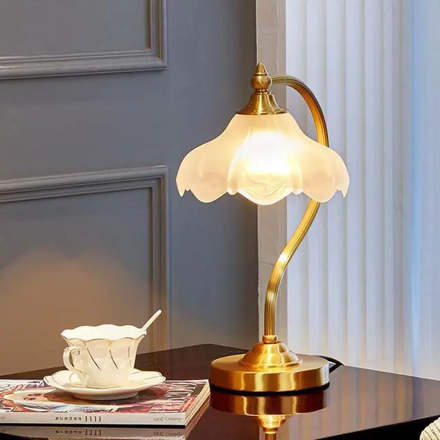 Alt view image 4 of 7 - Brass Table Lamp Mid Century Modern Table Lamps Gold Desk Lamp with Flowers Glass Shade Glass Nightstand Lamp Rustic Table Lamp for Farmhouse End Table Bedside Bedroom Living Room