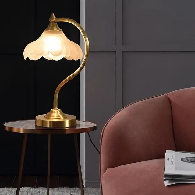 Alt view image 5 of 7 - Brass Table Lamp Mid Century Modern Table Lamps Gold Desk Lamp with Flowers Glass Shade Glass Nightstand Lamp Rustic Table Lamp for Farmhouse End Table Bedside Bedroom Living Room