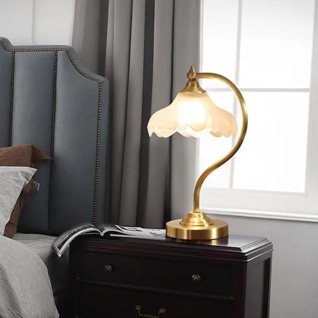 Alt view image 6 of 7 - Brass Table Lamp Mid Century Modern Table Lamps Gold Desk Lamp with Flowers Glass Shade Glass Nightstand Lamp Rustic Table Lamp for Farmhouse End Table Bedside Bedroom Living Room