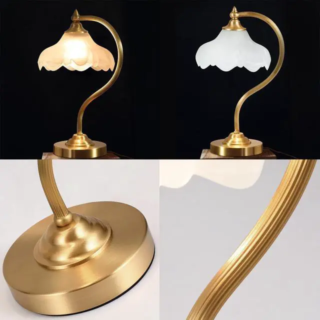 Alt view image 7 of 7 - Brass Table Lamp Mid Century Modern Table Lamps Gold Desk Lamp with Flowers Glass Shade Glass Nightstand Lamp Rustic Table Lamp for Farmhouse End Table Bedside Bedroom Living Room