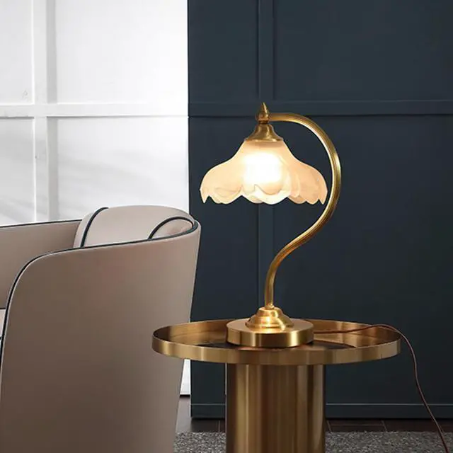 Alt view image 4 of 7 - Gold Brass Table Lamp Flower Glass Desk Lamp Mid Century Beside Lamp for Living Room Gooseneck Light Modern Nightstand Lamp White Small Desk Lamp Home Bedroom Deco Lighting