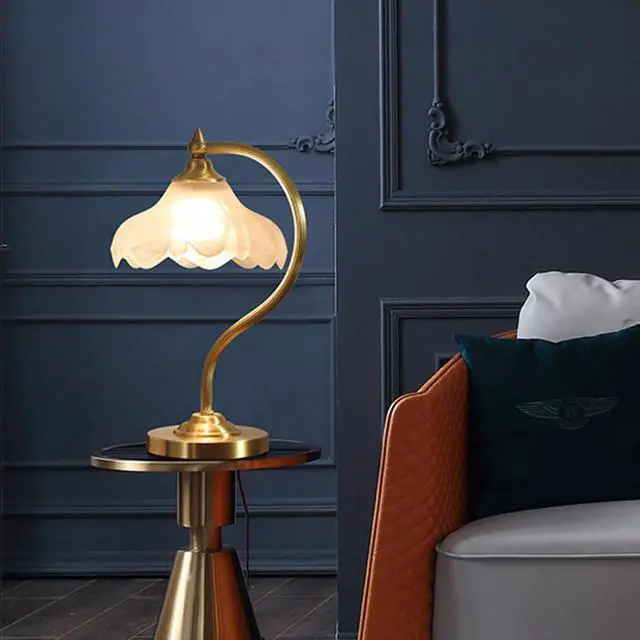 Alt view image 7 of 7 - Gold Brass Table Lamp Flower Glass Desk Lamp Mid Century Beside Lamp for Living Room Gooseneck Light Modern Nightstand Lamp White Small Desk Lamp Home Bedroom Deco Lighting