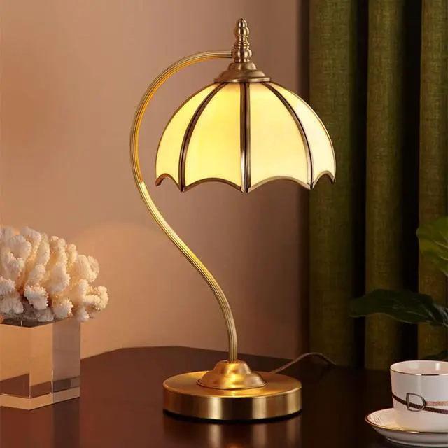 Alt view image 2 of 7 - Brushed Brass Table lamp mid Century Modern Table lamp Gold Desk lamp with Dome Glass Shade Nightstand Lamp Rustic Farmhouse Desk lamp for end Table Bedside Bedroom Living Room (A)