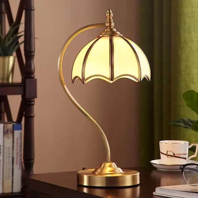 Alt view image 4 of 7 - Brushed Brass Table lamp mid Century Modern Table lamp Gold Desk lamp with Dome Glass Shade Nightstand Lamp Rustic Farmhouse Desk lamp for end Table Bedside Bedroom Living Room (A)