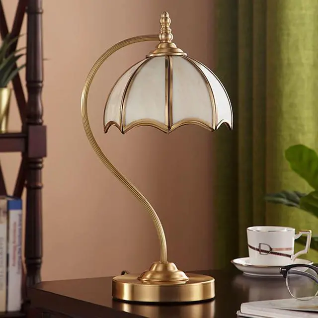 Alt view image 3 of 7 - Brushed Brass Table lamp mid Century Modern Table lamp Gold Desk lamp with Dome Glass Shade Nightstand Lamp Rustic Farmhouse Desk lamp for end Table Bedside Bedroom Living Room (A)