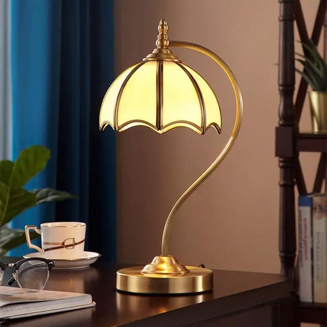 Alt view image 7 of 7 - Brushed Brass Table lamp mid Century Modern Table lamp Gold Desk lamp with Dome Glass Shade Nightstand Lamp Rustic Farmhouse Desk lamp for end Table Bedside Bedroom Living Room (A)