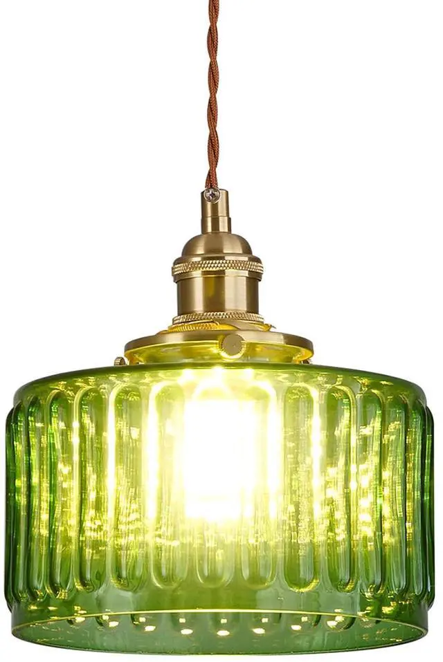 Main image of Small Pendant Light Fixtures One-Light Mid Century Ceiling Hanging Light Green Striped Glass Shade Gold Pendant Lamp for Living Room Bedroom Dining Room Hallway (Green) (A)