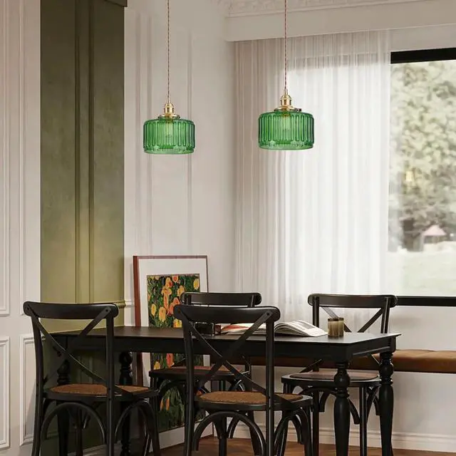 Alt view image 7 of 7 - Small Pendant Light Fixtures One-Light Mid Century Ceiling Hanging Light Green Striped Glass Shade Gold Pendant Lamp for Living Room Bedroom Dining Room Hallway (Green) (A)