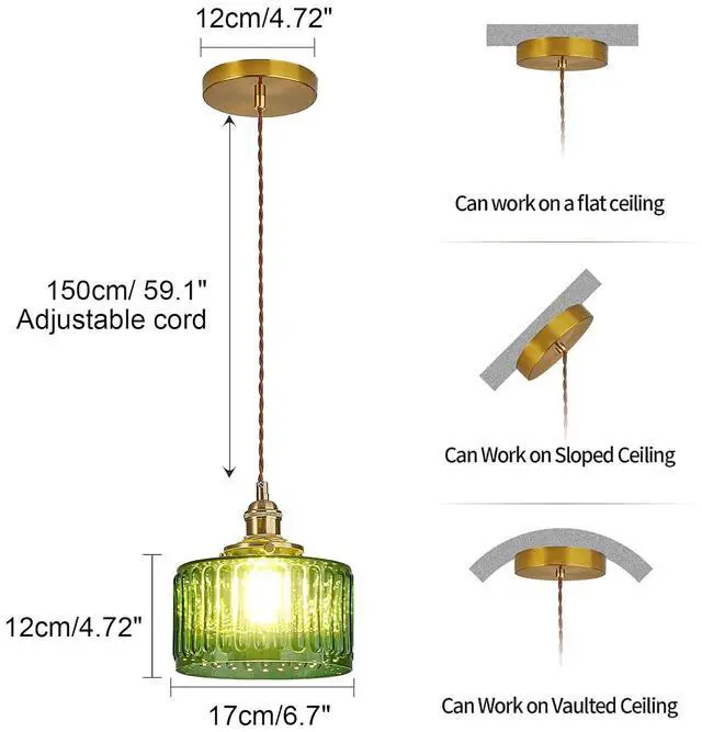 Alt view image 2 of 7 - Green Hanging Light Vintage Modern Pendant Light Fixture with Stripe Green Glass Shade Glass Pendant Lighting Gold Pendant Lamp for Kitchen Island Bedroom Farmhouse