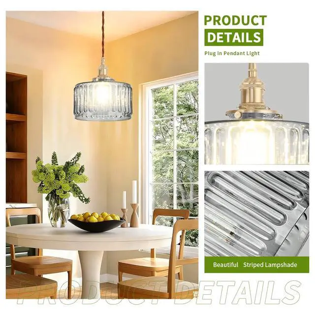 Alt view image 3 of 7 - Smoke Gray Hanging Light Fixtures Small Striped Glass Shade Kitchen | Brushed Copper Gold Brass Pendant Lights 6.7Inch Shade,E26 Base, 59.1Inch Adjustable Height ,Farmhouse Pantry Dining room