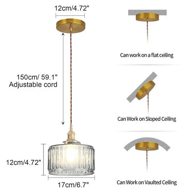 Alt view image 2 of 7 - Smoke Gray Hanging Light Fixtures Small Striped Glass Shade Kitchen | Brushed Copper Gold Brass Pendant Lights 6.7Inch Shade,E26 Base, 59.1Inch Adjustable Height ,Farmhouse Pantry Dining room