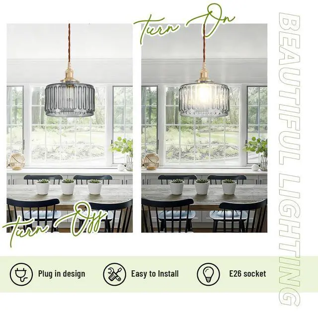 Alt view image 4 of 7 - Smoke Gray Hanging Light Fixtures Small Striped Glass Shade Kitchen | Brushed Copper Gold Brass Pendant Lights 6.7Inch Shade,E26 Base, 59.1Inch Adjustable Height ,Farmhouse Pantry Dining room