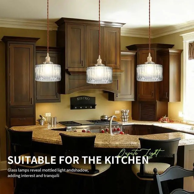 Alt view image 6 of 7 - Smoke Gray Hanging Light Fixtures Small Striped Glass Shade Kitchen | Brushed Copper Gold Brass Pendant Lights 6.7Inch Shade,E26 Base, 59.1Inch Adjustable Height ,Farmhouse Pantry Dining room
