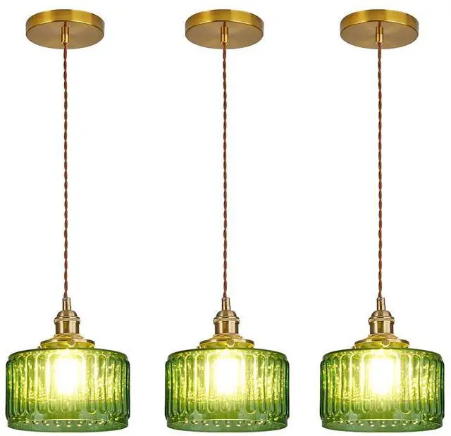 Main image of Pendant Light, Green Striped Glass Shade, Modern Ceiling Light for Dining Living Room Kitchen Bedroom, 3 Pack