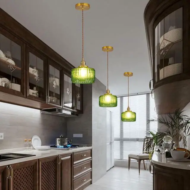 Alt view image 3 of 7 - Pendant Light, Green Striped Glass Shade, Modern Ceiling Light for Dining Living Room Kitchen Bedroom, 3 Pack