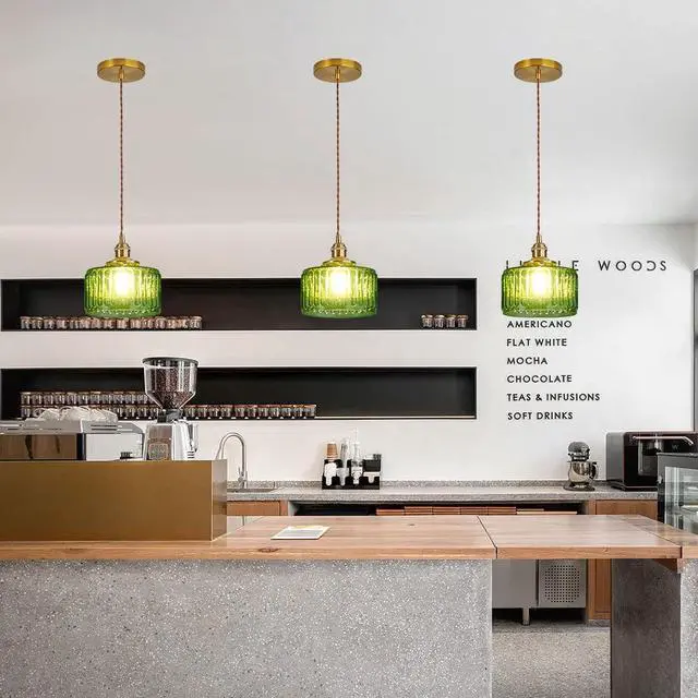 Alt view image 6 of 7 - Small Pendant Light Fixtures One-Light Mid Century Ceiling Hanging Light Green Striped Glass Shade Gold Pendant Lamp for Living Room Bedroom Dining Room Hallway (Green) (A)