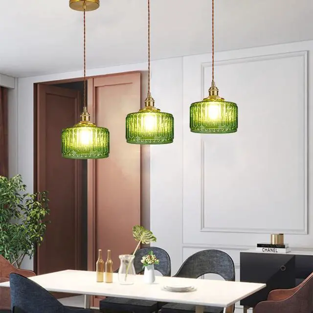 Alt view image 4 of 7 - Pendant Light, Green Striped Glass Shade, Modern Ceiling Light for Dining Living Room Kitchen Bedroom, 3 Pack