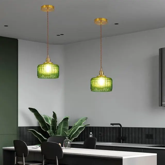 Alt view image 6 of 7 - Pendant Light, Green Striped Glass Shade, Modern Ceiling Light for Dining Living Room Kitchen Bedroom, 3 Pack