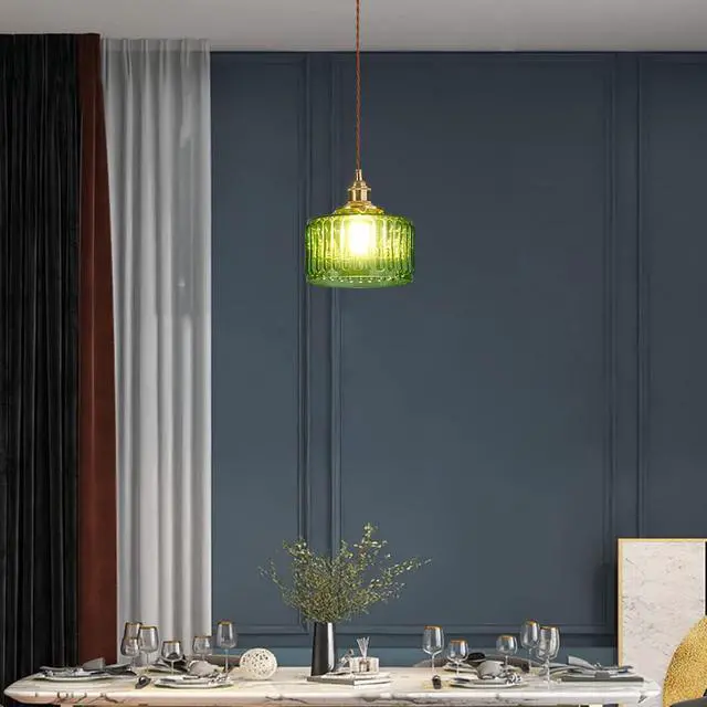 Alt view image 7 of 7 - Pendant Light, Green Striped Glass Shade, Modern Ceiling Light for Dining Living Room Kitchen Bedroom, 3 Pack