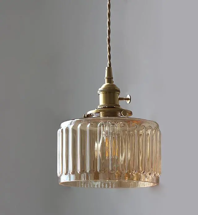 Main image of Small Pendant Light Fixture Amber Striped Glass One-Light Mid Century Modern Hanging Light Gold Brass Pendant Lamp Vintage Pendant Lighting for Bedroom Dining Room Kitchen Island
