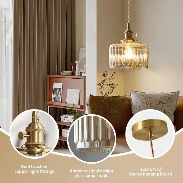 Alt view image 3 of 7 - Small Pendant Light Fixture Amber Striped Glass One-Light Mid Century Modern Hanging Light Gold Brass Pendant Lamp Vintage Pendant Lighting for Bedroom Dining Room Kitchen Island
