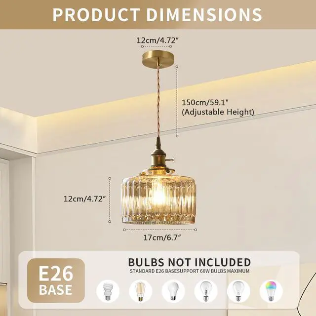 Alt view image 2 of 7 - Small Pendant Light Fixture Amber Striped Glass One-Light Mid Century Modern Hanging Light Gold Brass Pendant Lamp Vintage Pendant Lighting for Bedroom Dining Room Kitchen Island