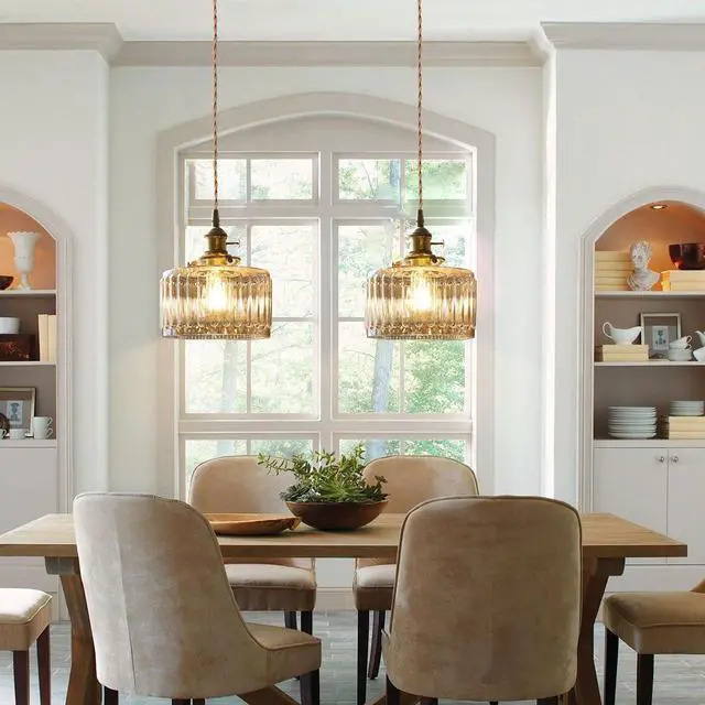 Alt view image 4 of 7 - Small Pendant Light Fixture Amber Striped Glass One-Light Mid Century Modern Hanging Light Gold Brass Pendant Lamp Vintage Pendant Lighting for Bedroom Dining Room Kitchen Island