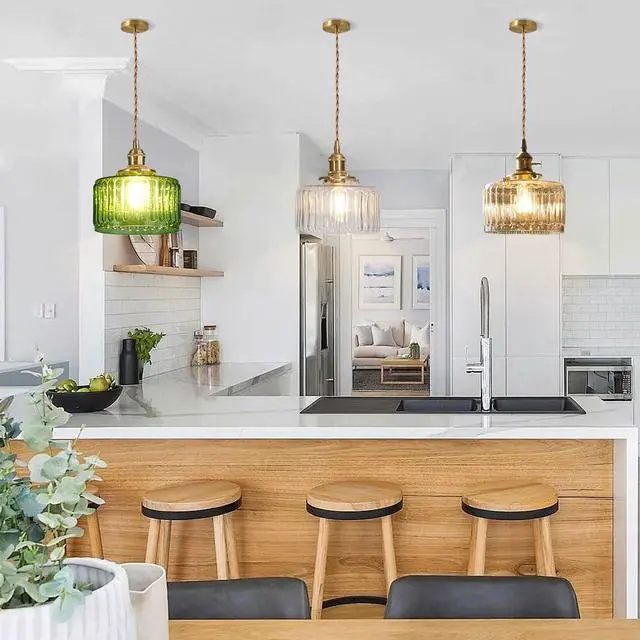 Alt view image 7 of 7 - Small Pendant Light Fixture Amber Striped Glass One-Light Mid Century Modern Hanging Light Gold Brass Pendant Lamp Vintage Pendant Lighting for Bedroom Dining Room Kitchen Island
