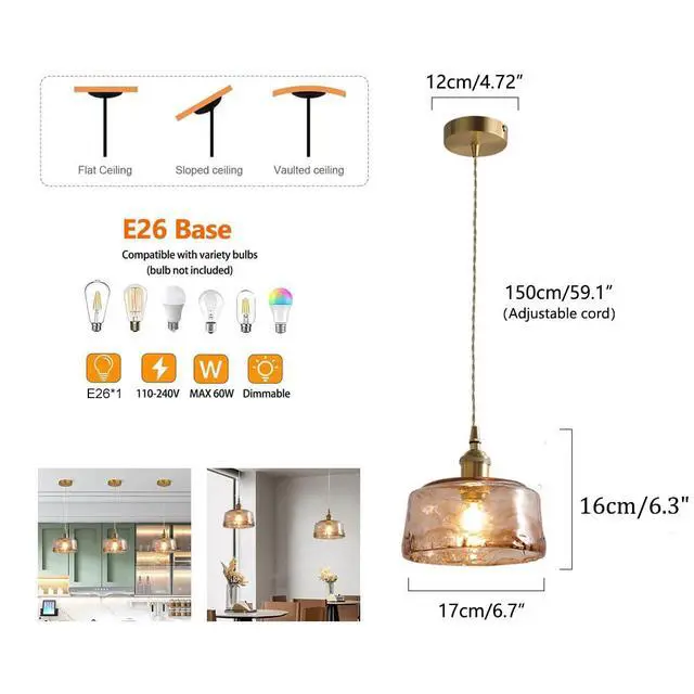 Alt view image 2 of 7 - Small Amber Pendant Light Fixtures One-Light Round Dome Shade | Mid Century Vintage Ceiling Hanging Light Brushed Gold Brass Finish E26 Base for Living Room Bedroom Dining Room Hallway