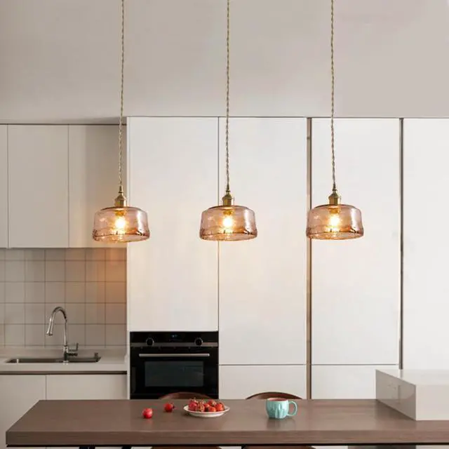 Alt view image 3 of 7 - Small Amber Pendant Light Fixtures One-Light Round Dome Shade | Mid Century Vintage Ceiling Hanging Light Brushed Gold Brass Finish E26 Base for Living Room Bedroom Dining Room Hallway