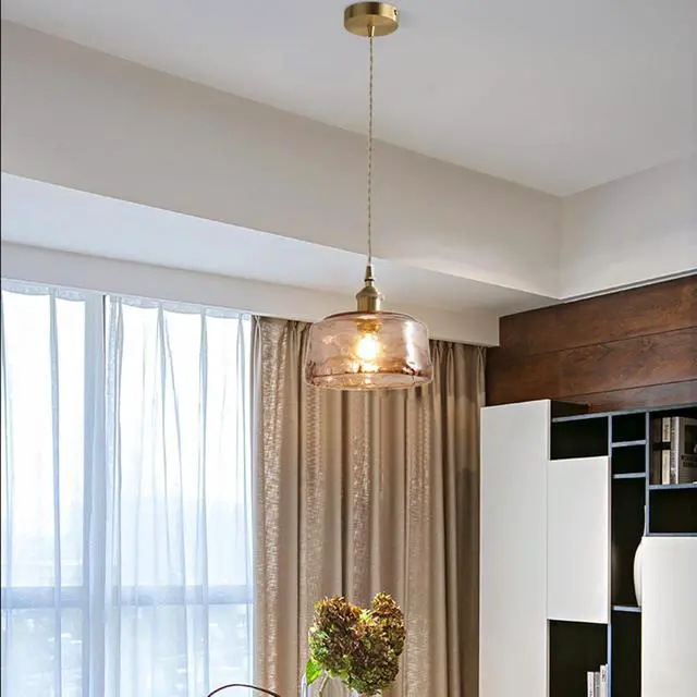 Alt view image 4 of 7 - Small Amber Pendant Light Fixtures One-Light Round Dome Shade | Mid Century Vintage Ceiling Hanging Light Brushed Gold Brass Finish E26 Base for Living Room Bedroom Dining Room Hallway