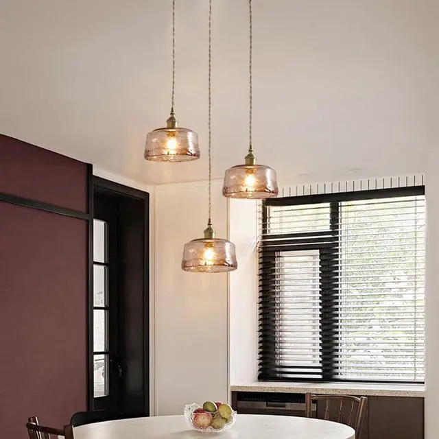 Alt view image 5 of 7 - Small Amber Pendant Light Fixtures One-Light Round Dome Shade | Mid Century Vintage Ceiling Hanging Light Brushed Gold Brass Finish E26 Base for Living Room Bedroom Dining Room Hallway