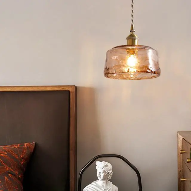 Alt view image 6 of 7 - Small Amber Pendant Light Fixtures One-Light Round Dome Shade | Mid Century Vintage Ceiling Hanging Light Brushed Gold Brass Finish E26 Base for Living Room Bedroom Dining Room Hallway
