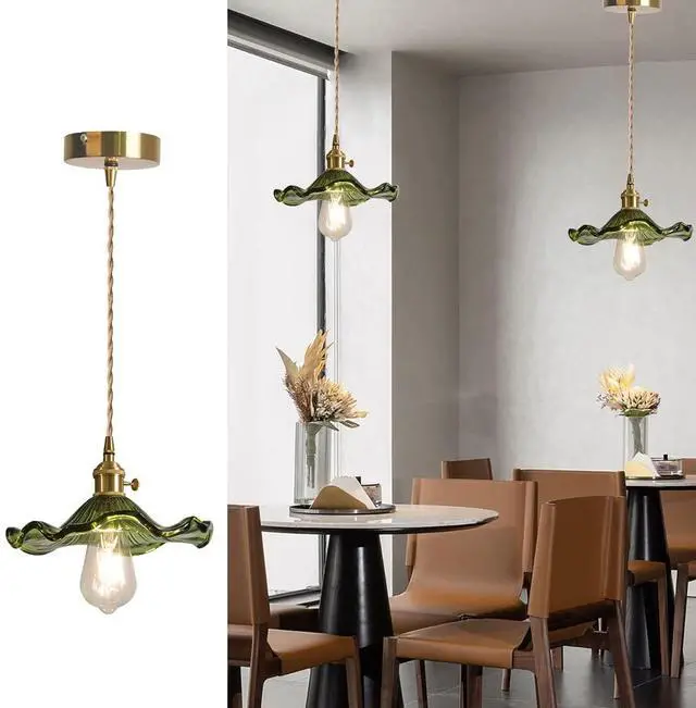Main image of Mid Century Ceiling Hanging Light Green Flower Glass Shade Gold | Small Glass Pendant Light Fixtures One-Light Height Adjustable E26 Base for Living Room Bedroom Dining Room Hallway