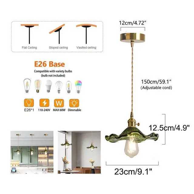 Alt view image 2 of 7 - Mid Century Ceiling Hanging Light Green Flower Glass Shade Gold | Small Glass Pendant Light Fixtures One-Light Height Adjustable E26 Base for Living Room Bedroom Dining Room Hallway
