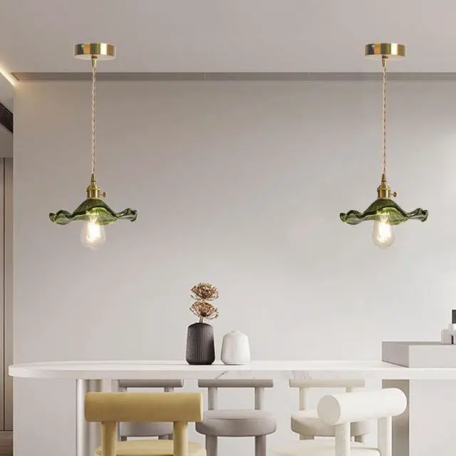 Alt view image 4 of 7 - Mid Century Ceiling Hanging Light Green Flower Glass Shade Gold | Small Glass Pendant Light Fixtures One-Light Height Adjustable E26 Base for Living Room Bedroom Dining Room Hallway