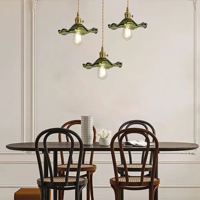 Alt view image 6 of 7 - Mid Century Ceiling Hanging Light Green Flower Glass Shade Gold | Small Glass Pendant Light Fixtures One-Light Height Adjustable E26 Base for Living Room Bedroom Dining Room Hallway