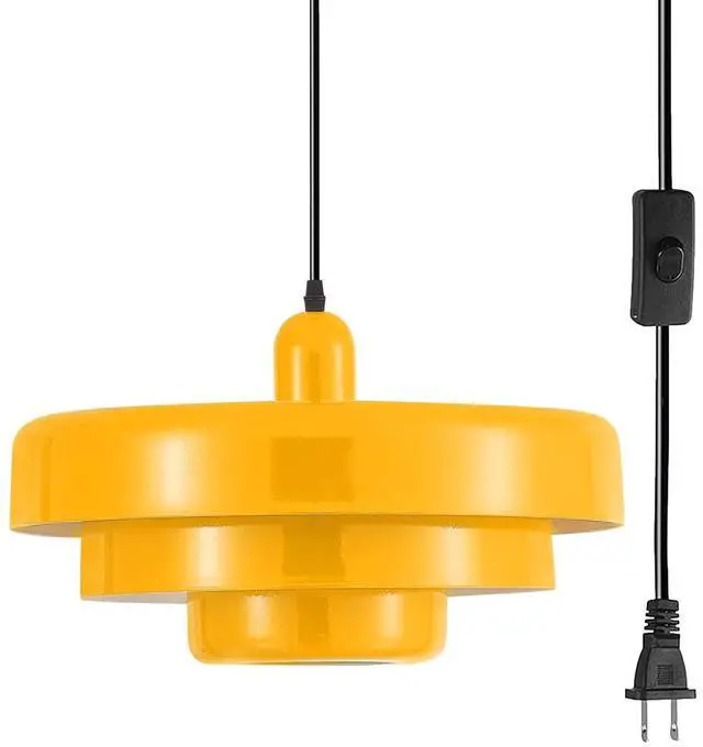 Main image of Mid Century Modern Plug in Ceiling Pendant Light Vintage Plug in Hanging Light with 3-Layer Yellow Metal Shade Plug in Cord Nordic Pendant Lighting Fixture for Bedroom Living Room