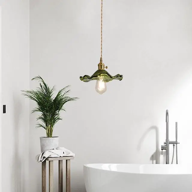 Alt view image 7 of 7 - Mid Century Ceiling Hanging Light Green Flower Glass Shade Gold | Small Glass Pendant Light Fixtures One-Light Height Adjustable E26 Base for Living Room Bedroom Dining Room Hallway