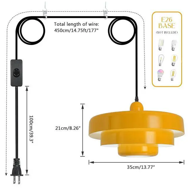 Alt view image 2 of 7 - Mid Century Modern Plug in Ceiling Pendant Light Vintage Plug in Hanging Light with 3-Layer Yellow Metal Shade Plug in Cord Nordic Pendant Lighting Fixture for Bedroom Living Room