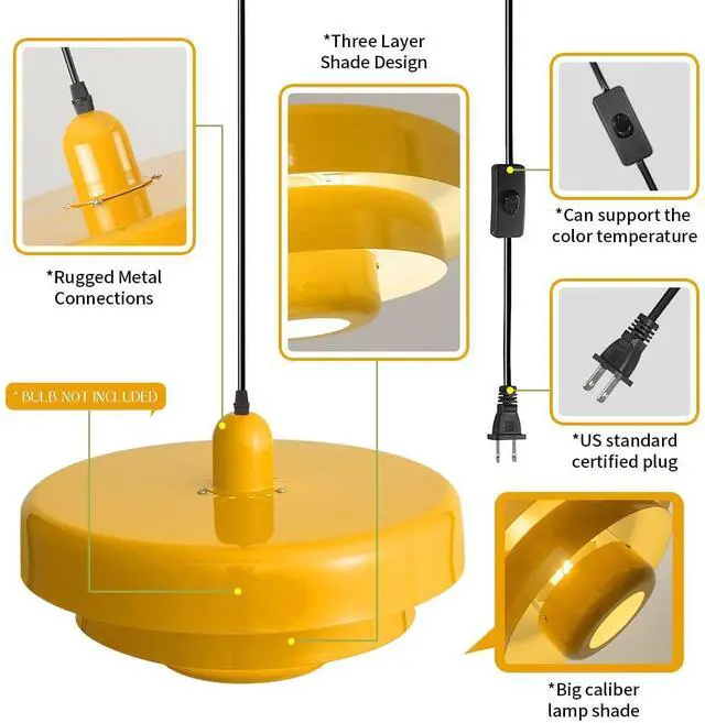 Alt view image 3 of 7 - Mid Century Modern Plug in Ceiling Pendant Light Vintage Plug in Hanging Light with 3-Layer Yellow Metal Shade Plug in Cord Nordic Pendant Lighting Fixture for Bedroom Living Room