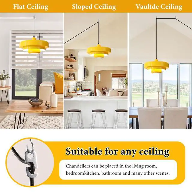 Alt view image 4 of 7 - Mid Century Modern Plug in Ceiling Pendant Light Vintage Plug in Hanging Light with 3-Layer Yellow Metal Shade Plug in Cord Nordic Pendant Lighting Fixture for Bedroom Living Room