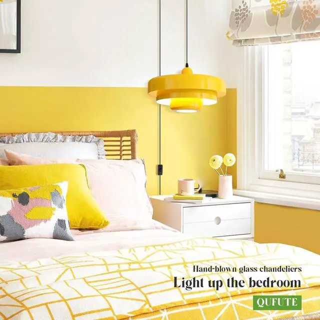 Alt view image 7 of 7 - Mid Century Modern Plug in Ceiling Pendant Light Vintage Plug in Hanging Light with 3-Layer Yellow Metal Shade Plug in Cord Nordic Pendant Lighting Fixture for Bedroom Living Room