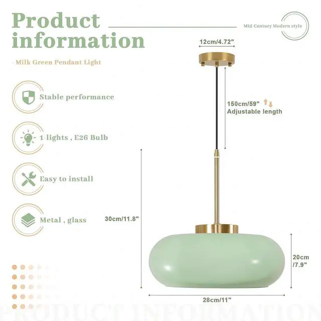 Alt view image 2 of 7 - Milk Green Pendant Light Mid Century Modern Ceiling Hanging Lamp Gold Brass Glass Light Fixtures with Dome Green Glassshade Glass Hanging Pendant Lamp for Dining Room Kitchen