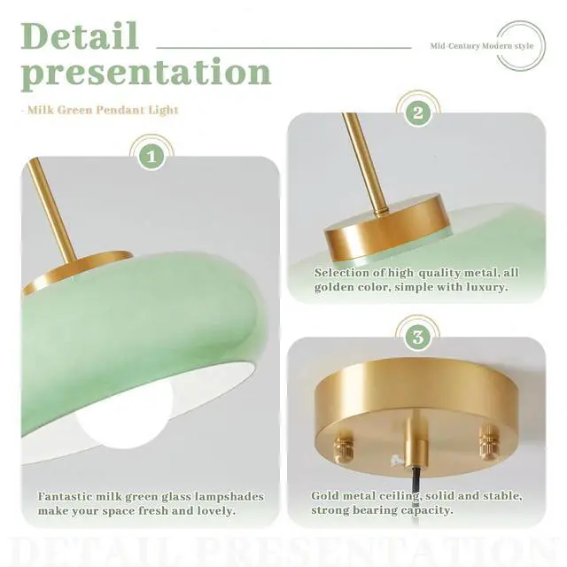 Alt view image 3 of 7 - Milk Green Pendant Light Mid Century Modern Ceiling Hanging Lamp Gold Brass Glass Light Fixtures with Dome Green Glassshade Glass Hanging Pendant Lamp for Dining Room Kitchen